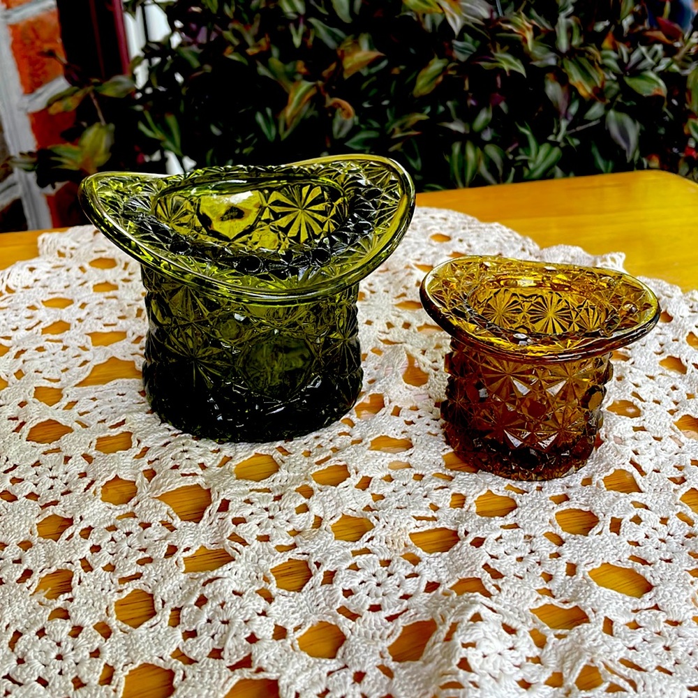 Vintage green and amber Glass Top Hats.